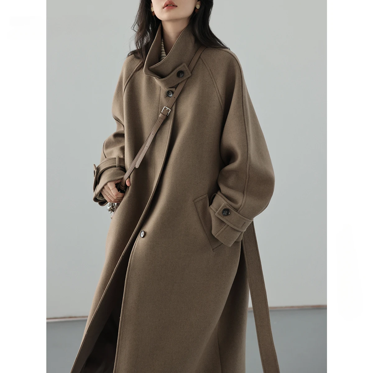 

Women's Long Trencn Coat Standing Belt Lace Up Woolen Coat Raglan Sleeves Long Overcoat Office Lady Autumn Winter 2023