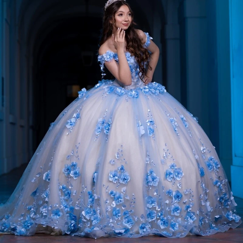 

Lace Appliques Quinceanera Dresses Ball Gown Off Shoulder Puffy Sweet 16 Dress 3D Flowers Beading Celebrity Party Gown