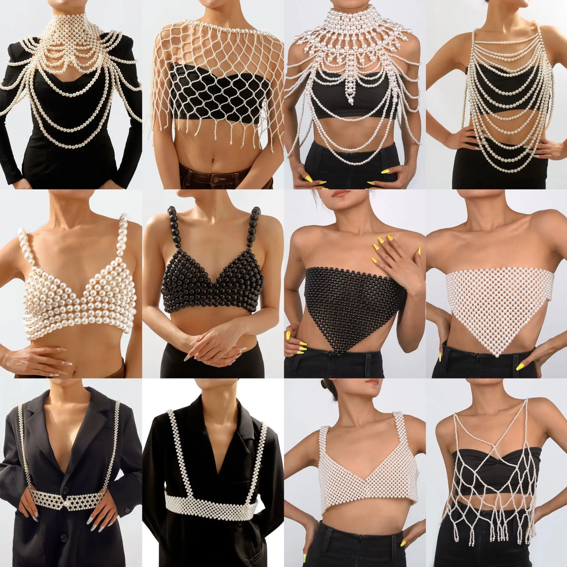 Retro Imitation Pearl Shoulder Bra Chain Bikini Top Shawls for