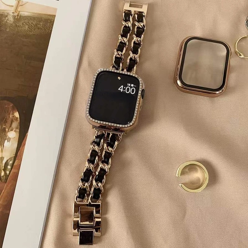 

Women Gold Wristband for Apple Watch Band 9 8 Ultra 2 49mm 7 SE 6 5 41mm 45mm 38/42mm 44 40mm Strap Lady Metal Leather Bracelet