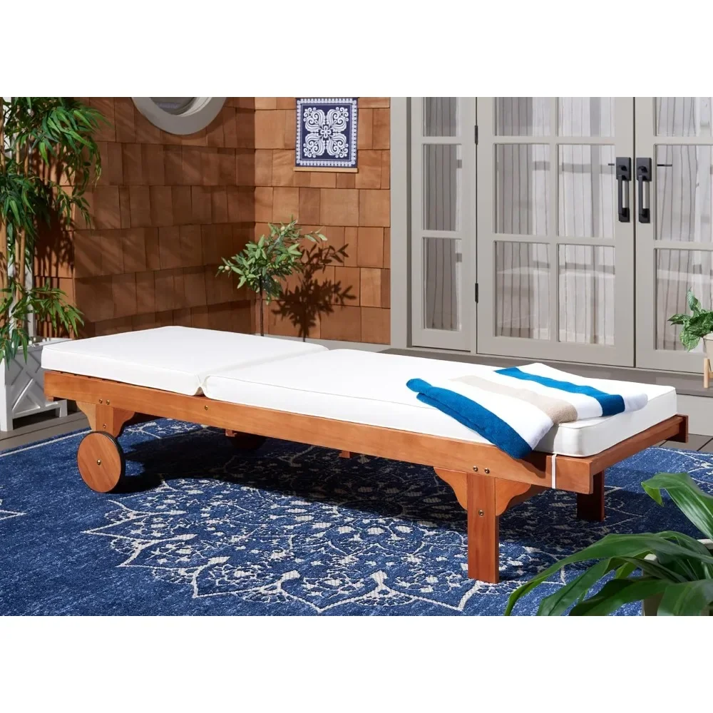 NEW-Outdoor Collection Newport Natural/ Beige Cushion Built-in Side Table Adjustable Chaise Lounge Chair