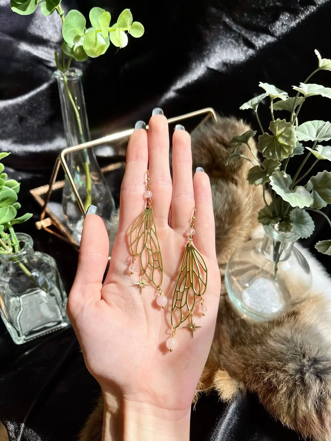 

Fairy Wing Earrings,Dragonfly Wing Earrings,Pink Quartz Earrings, Crystal Earrings,Celestial Earrings,Boho Earrings,Cicada Wing