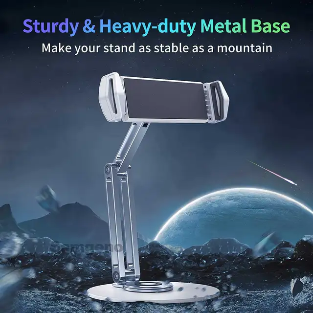 360° Swivel Tablet Stand for Desk, Stable Tablet Cellphone Holder with Heavy Metal Base, Adjustable & Foldable 4