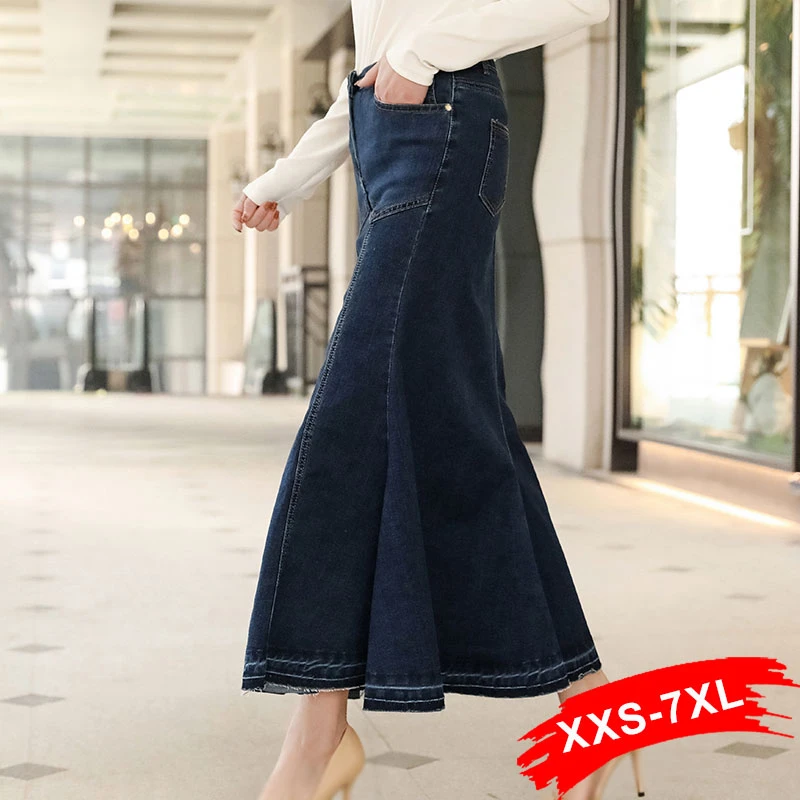 Slim Blue Patchworked Flare Denim Long Skirts XXL Vintage Summer