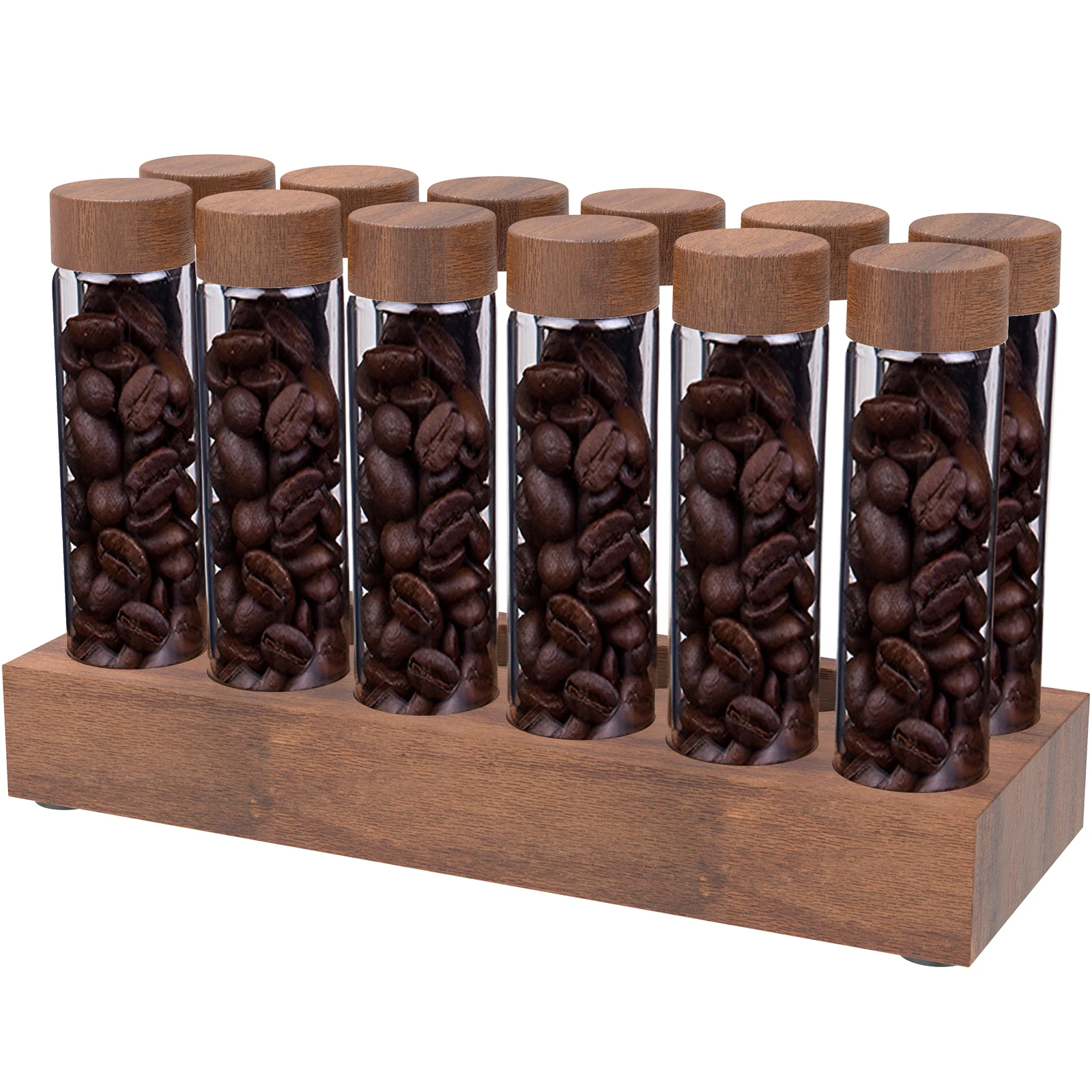 

New 12Pcs Coffee Bean Storage Tubes Portable Coffee Bean Container with Wooden Stand Sealed Coffee Bean Storage Jar with Lid