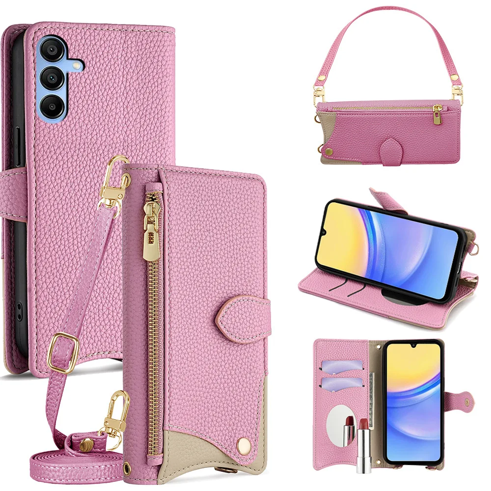 Zipper Mirror Wallet Case with Leather Wrist Strap and Multi-Card Holder