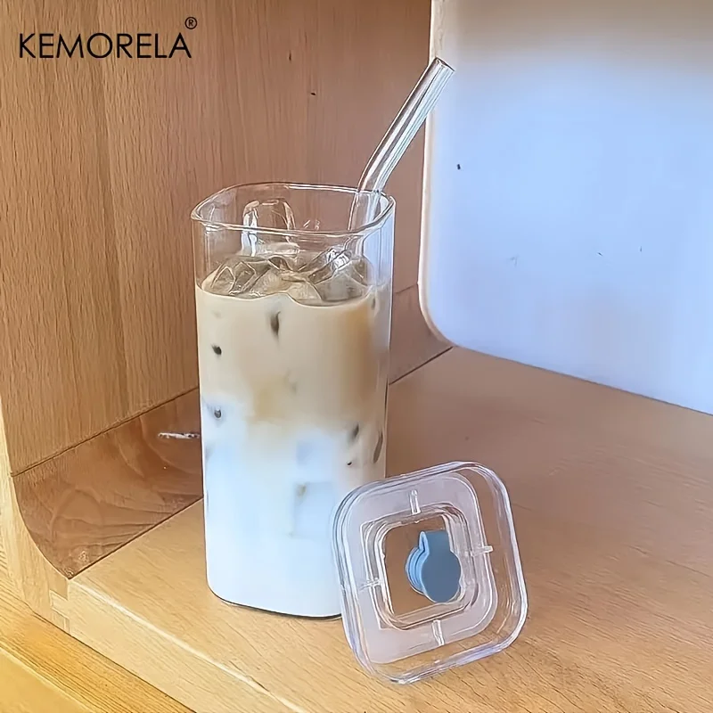 Stainless Steel Cups Whiskey Glass Drinking Glasses Set Crystal Glass Cup Bubble Glass Cup Square Glass Mug Double Wall Glass Mug 4/6PCS Portable Drinking Cups 380ml/500ml Heat Resistant Glass with Lid and Straw Suitable for Iced Coffee Juice Milk