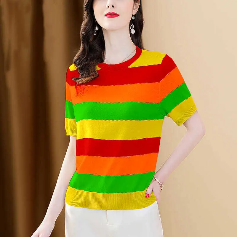 Fashion O-Neck Knitted Striped Color Blouse Female Clothing 2023 Summer New Loose Casual Pullovers Short Sleeve Commute Shirt