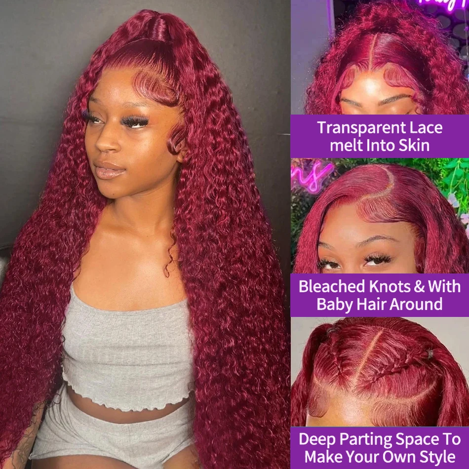Deep Wave Lace Frontal Wig Human Hair Transparent 99J Burgundy Full Lace Front Wigs 13x4 Red Colored HD Curly Human Hair Wigs