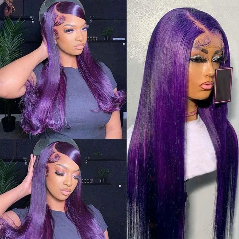 Dark Purple Straight Lace Front Wig 13x6 Transparent Lace Frontal Wig Purple Colored Lace Human Hair Pre plucked 5x5 Closure Wig