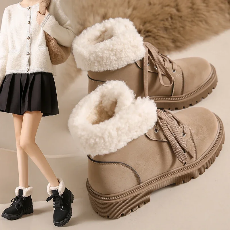 

Women Modern Boots Modern Winter Warm Cotton Gladiator Lace-up Square Heel Non-slip Short Plush Flats Suede Snow Shoes Mujer 40