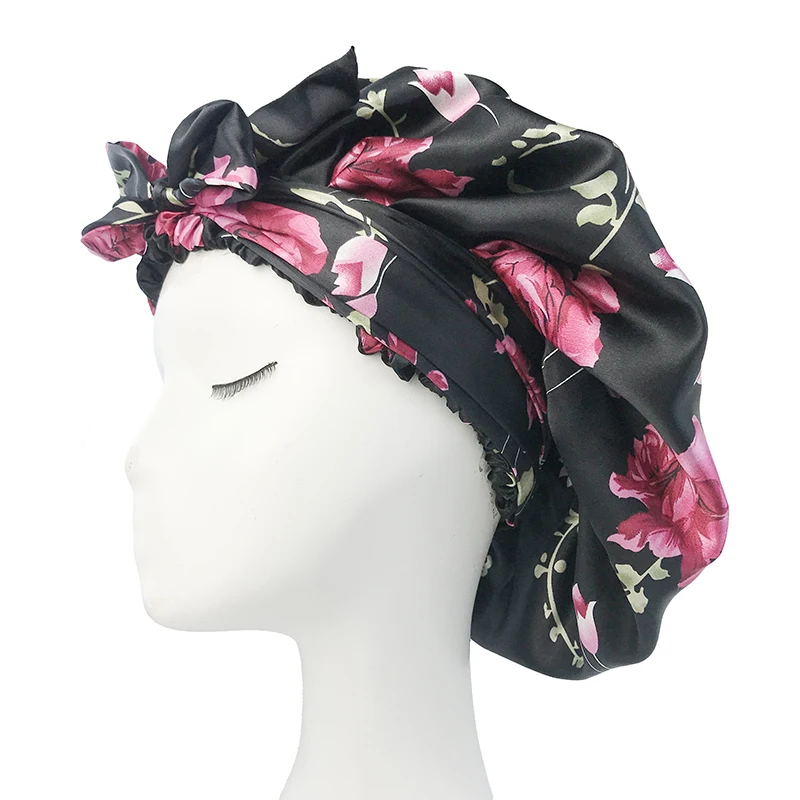 Soft Silky Print Satin Bonnet for Women Large Nightcap with Long Satin Ribbon Tie Band Bonnet Adjustable Wide Band Head Wrap Hat 3