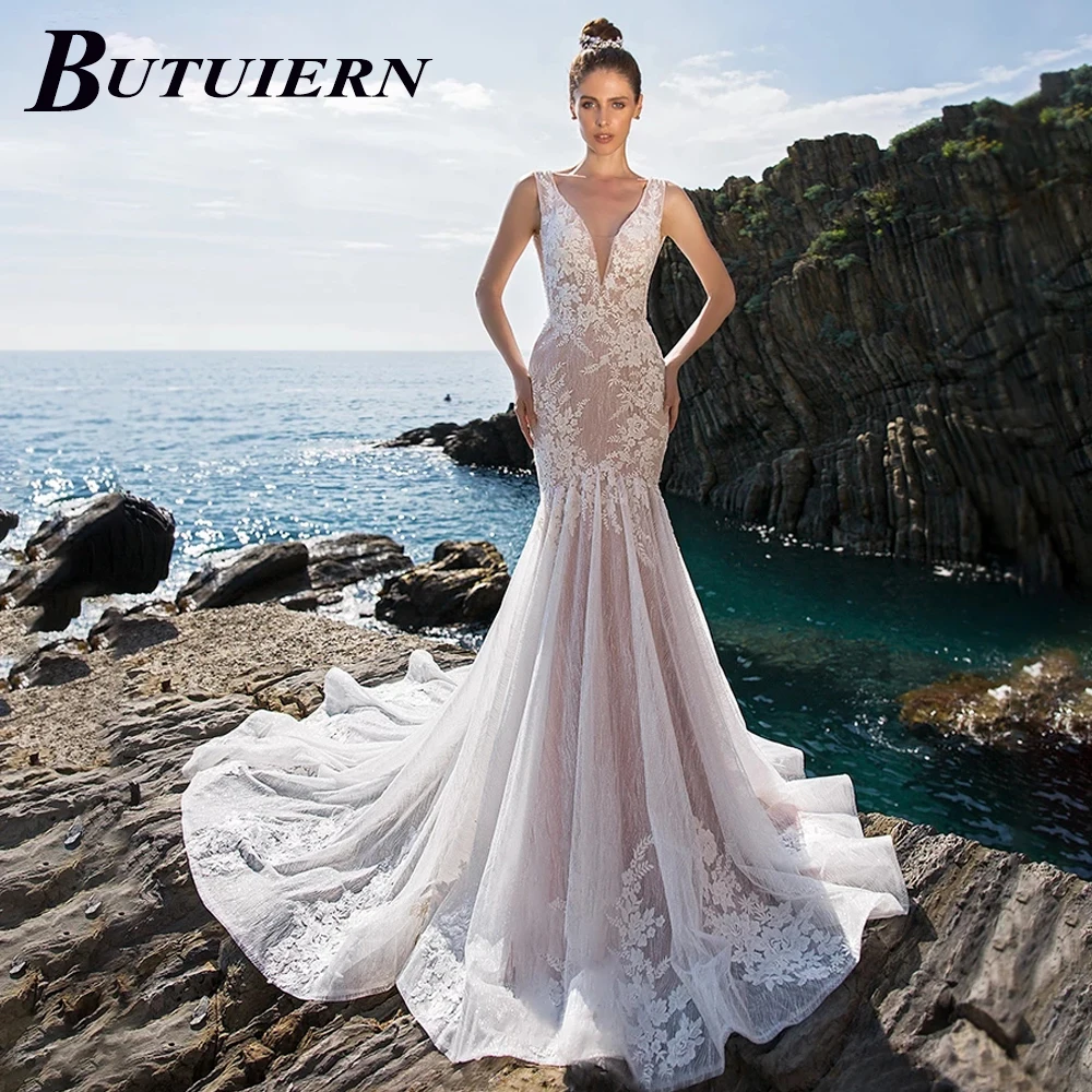 

COZOK 2022 Appliques Wedding Dress V Neck Lace Mermaid Bridal Gown Backless With Court Train Robe De Mariée Personalised