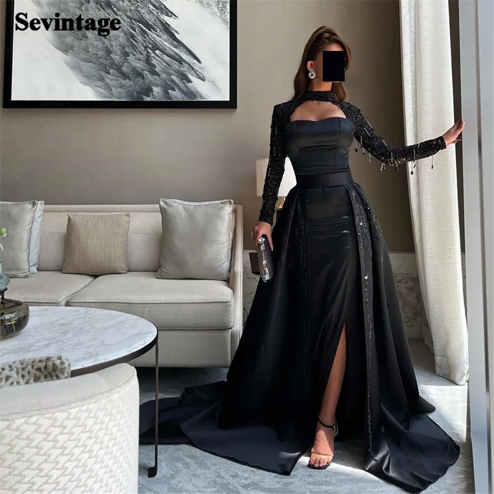 

Sevintage Noble Saudi Black Prom Dress A-Line Strapless Long Sleeves Sequined Floor Length Party Dresses vestidos de graduación