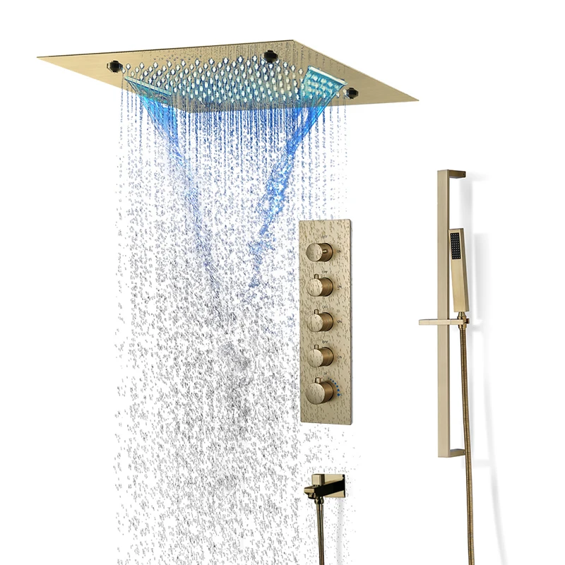 

Brushed Gold Thermostatic Brass Shower Faucets Set Rainfall 500mm Concealed Showerheads LED Smart Music Speaker Showers Bathroom