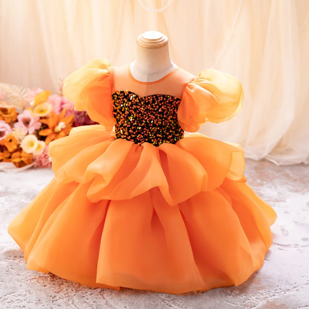 

2024 Baby Layered Tutu Gown Wedding Party Sequined Girl Princess Dress Inafnt Pink 1st Birthday Outfits Formal Festive Cloth 1-6