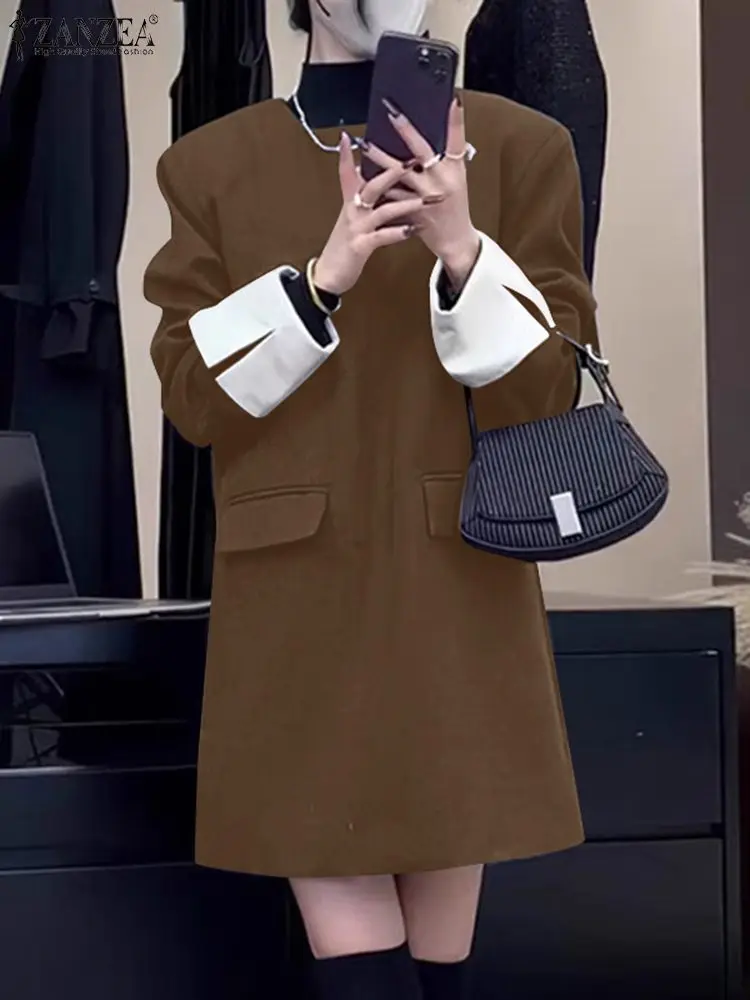 

Elegant Women Mini Dress ZANZEA 2024 Spring Patchwork Casual Loose Sundress Long Sleeve Fashion Round Neck Streetwear Party Robe