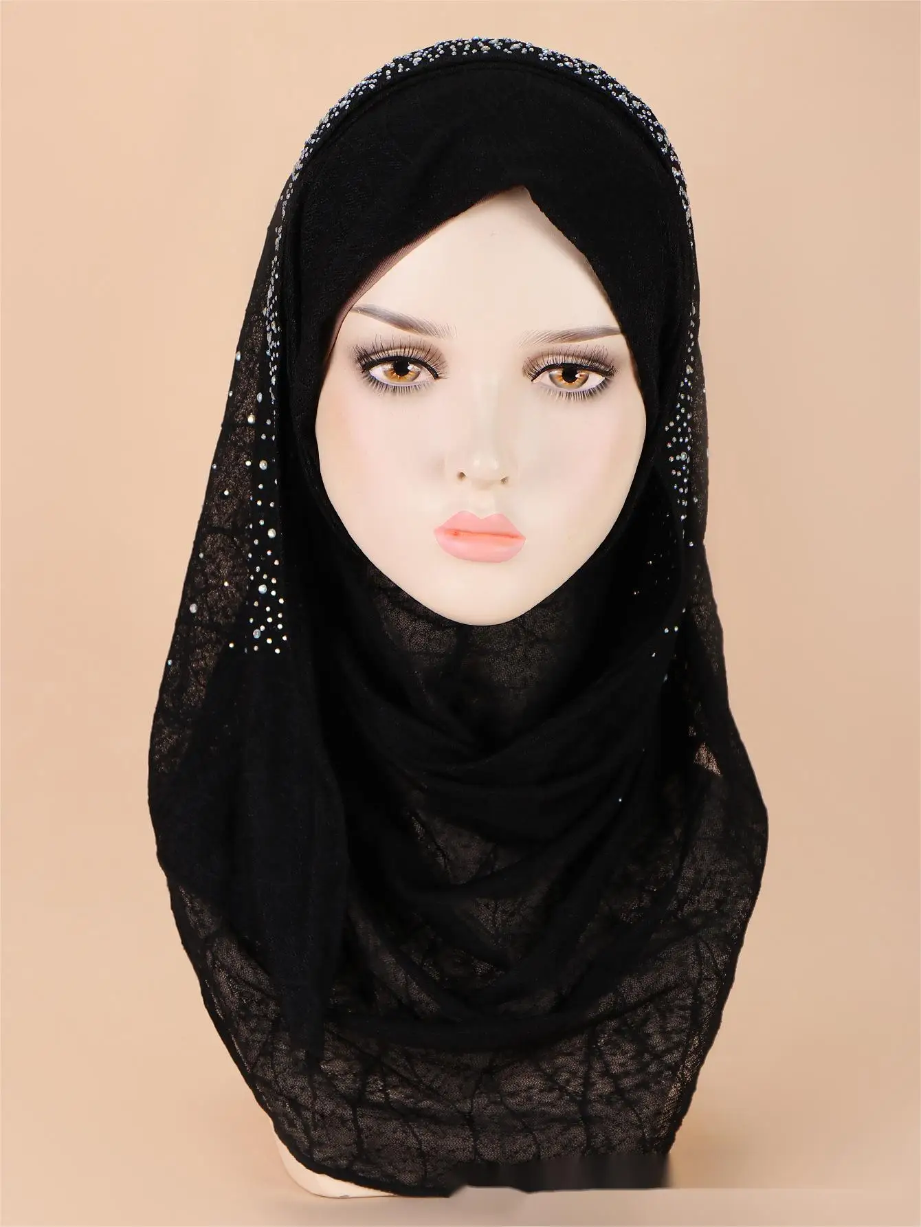 

New Ethnic Style Middle East Solid Colour Headband Head Shiny Model Hot Sale Diamond Encrusted Headband Black Polyester Wrap Hat