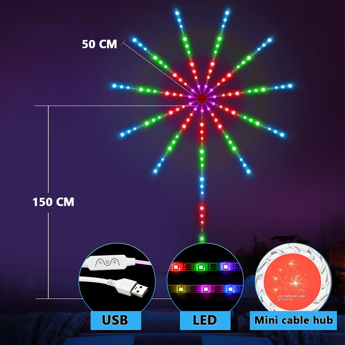 Firework Lights LED Strip Music Sound Sync Color Changing Remote Control  LED Firework Light for Room Party, Holiday Decoration