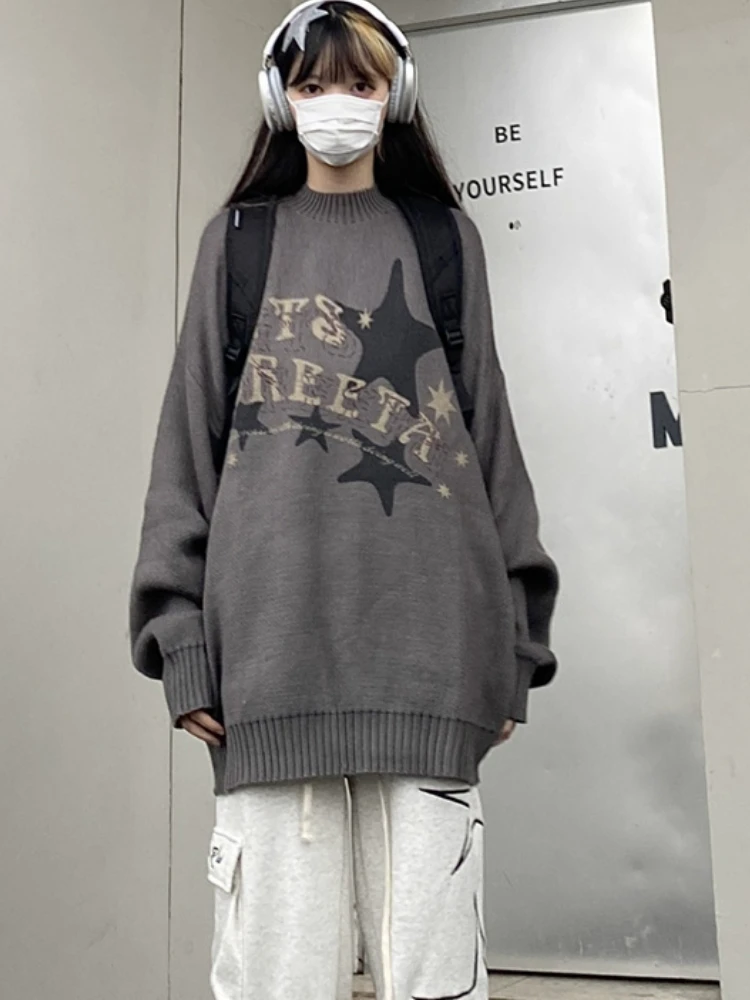 

Letter Star Printed Knitted Sweater Women Y2k Aesthetic Loose Casual Pullover Harajuku Streetwear O-neck Long Sleeve Chic Jumper