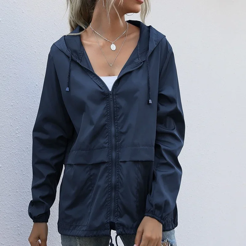 Women Spring Jacket Zipper Hoodie Outdoor Hiking Waterproof Raincoat Jackets Loose Coats Running Bicycle Sports Coat 2024 Black