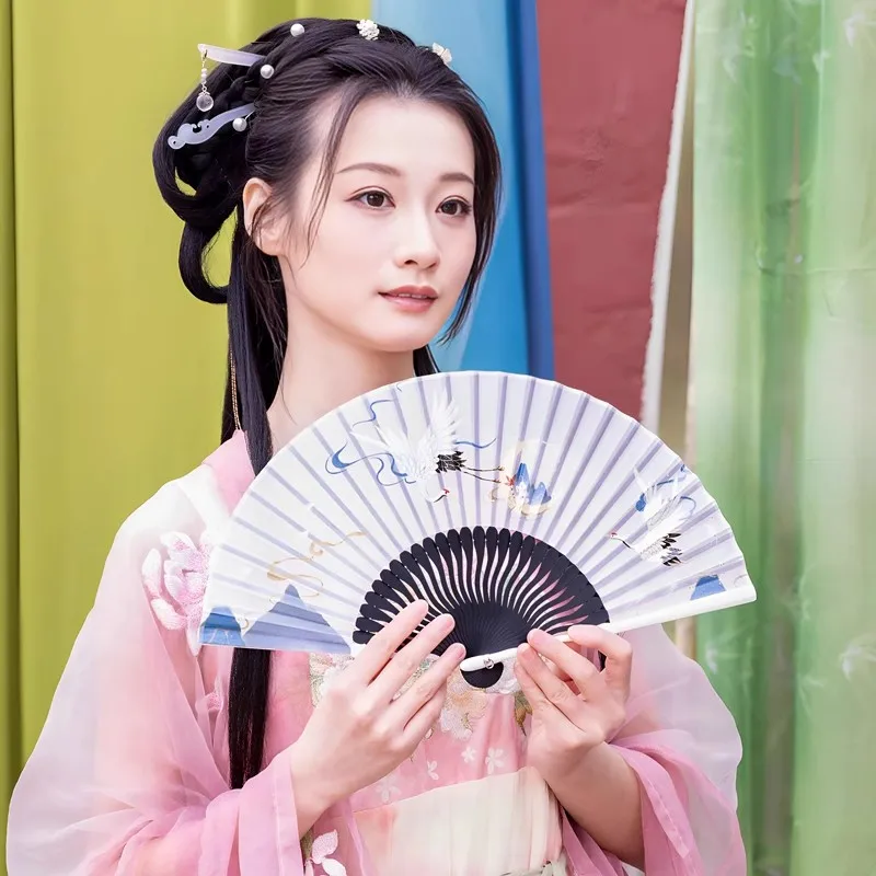 Chinese Crane Folding Fan New Oriental Style Bamboo Hand Fan Traditional Couple Fans for Hanfu & Qipao Portable Travel Gift