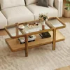 Coffee Table, 47.5" Rectangle Solid Wood Tea Table w/Tempered Glass Tabletop&PE Rattan Storage Shelf, 2-Tier Boho Coffee Tables 1