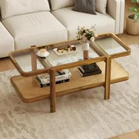 Coffee Table, 47.5" Rectangle Solid Wood Tea Table w/Tempered Glass Tabletop&PE Rattan Storage Shelf, 2-Tier Boho Coffee Tables 1