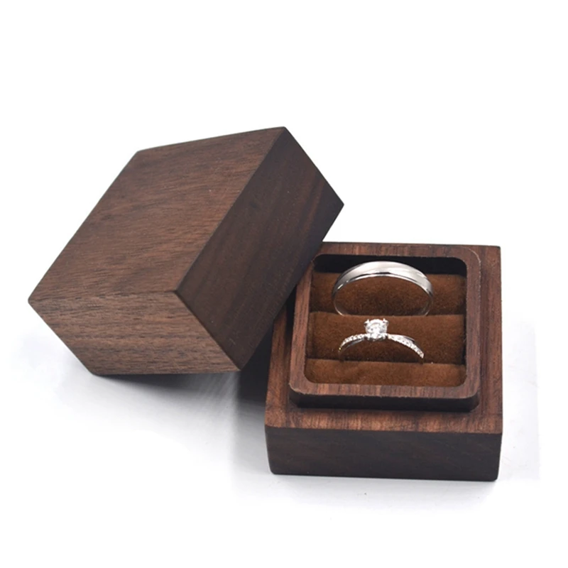 

Walnut Wood Ring Box Wedding Engagement Double Ring Bearer Case Rustic Decor Wooden Decorative Jewelry Storage Boxes