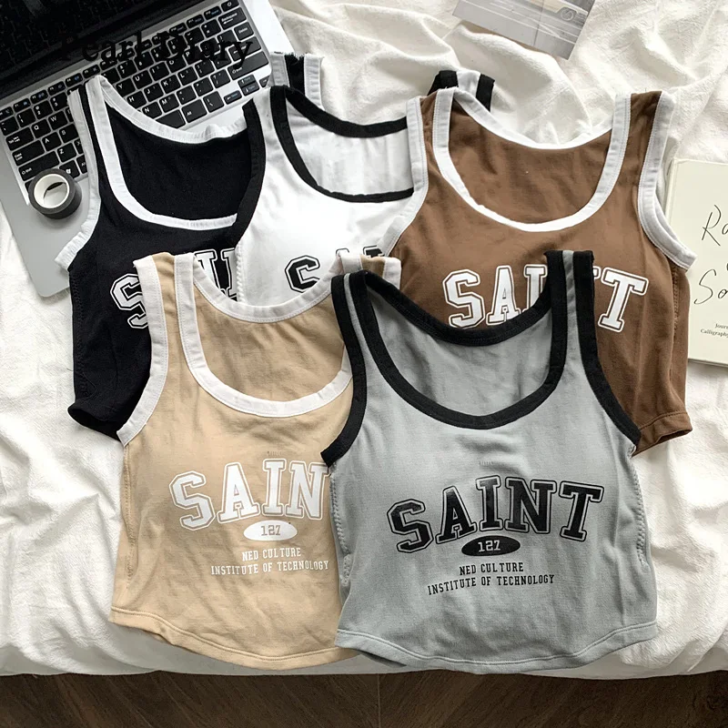 

Pearl Diary Contrast Color Stripes Knitted Camisole Female Summer Sweet Spice Girl Slim Short Crop Top Letter Print Tops Womem