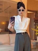 Camisas De Mujer 2025 femmes Blouses col en v sans manches chemises tempérament couleur unie culture hauts été Vintage tout Match Blouse 2