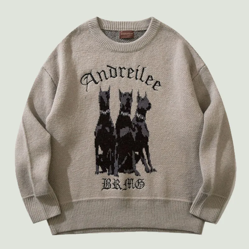 

2022 Autumn Winter Men's Knitted Sweaters Hip Hop Retro Dog Letter Embroidery Jumper Streetwear Harajuku Loose Pullovers Couples