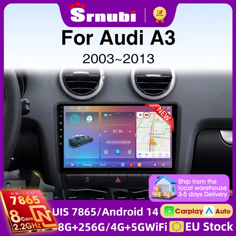 Srnubi 2 Din 4G+WiFi Autoradio für Audi A3 8P 2003-2013, kabelloses CarPlay, Android Auto, 8-Kern UIS7865, GPS, RDS, Multimedia-Player