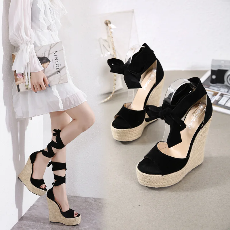 Ladies Sandals Women Shoes Cloth Solid Color Slope Heel Round Shape Thick Bottom Increase Roman Platform