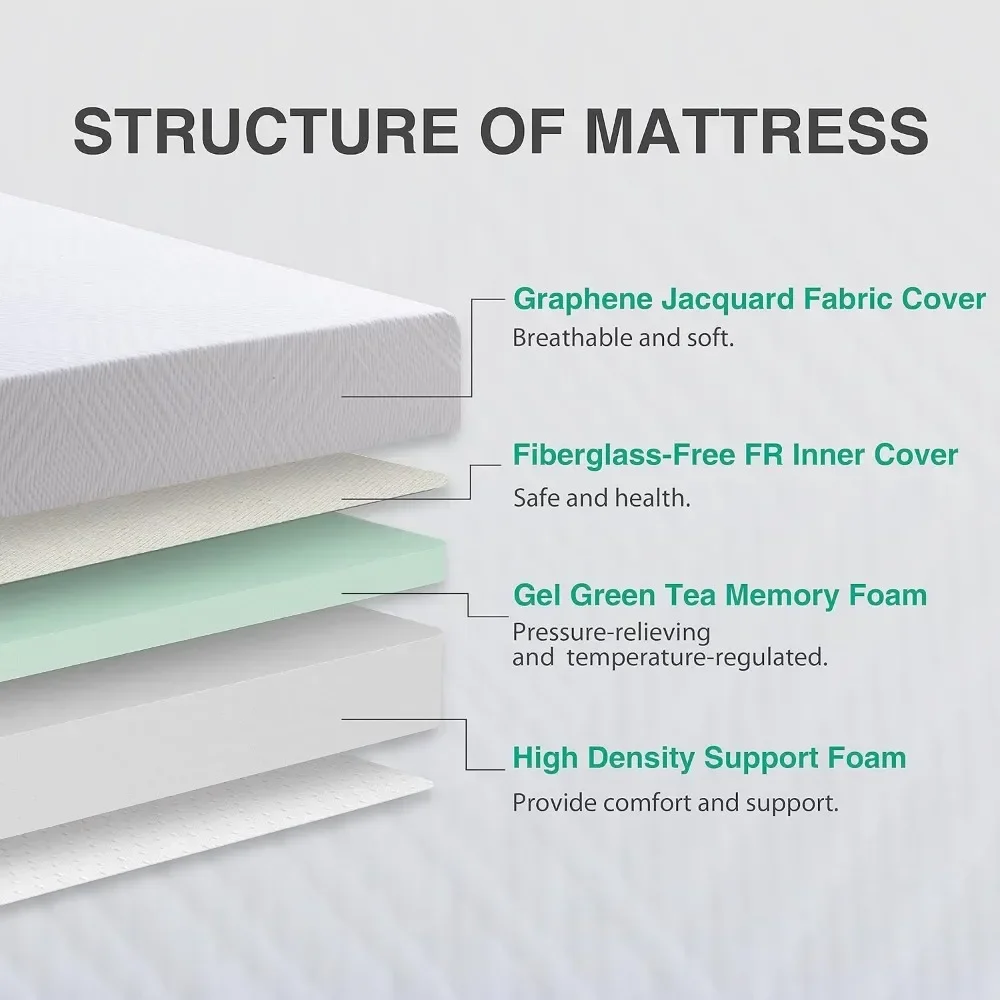 Green Tea Memory Foam Queen Mattress in a Box, Certified Fiberglass Free Mattress, Cooling Gel Double Mattres 10inch 3