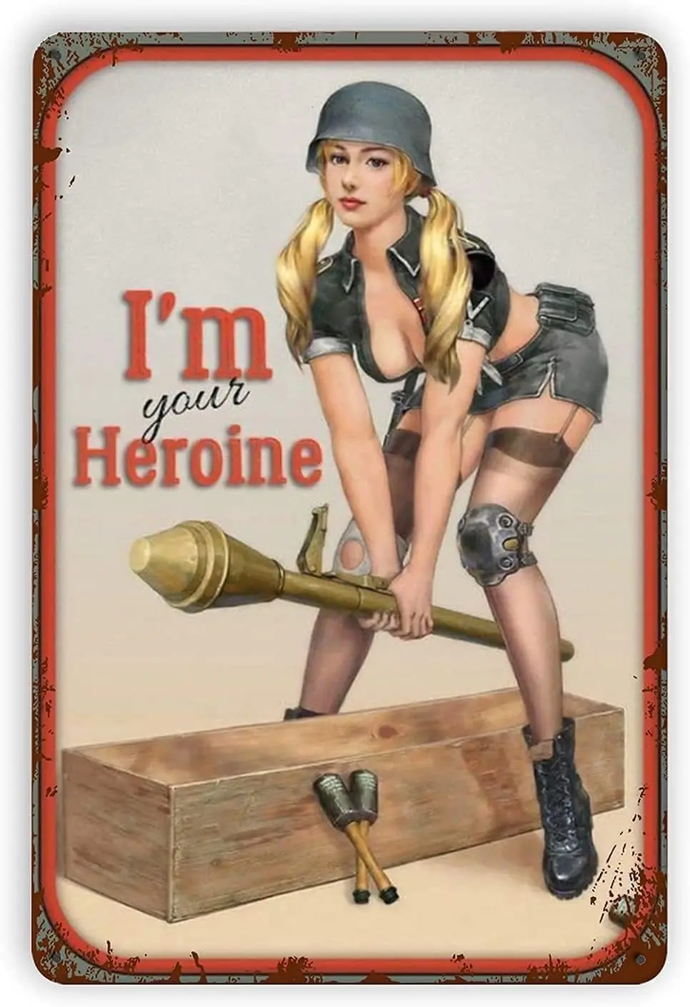 Vintage Metal Plaque Army Heroine Pin-Up Girl Nostalgic Wall Art Tin Sign Decor