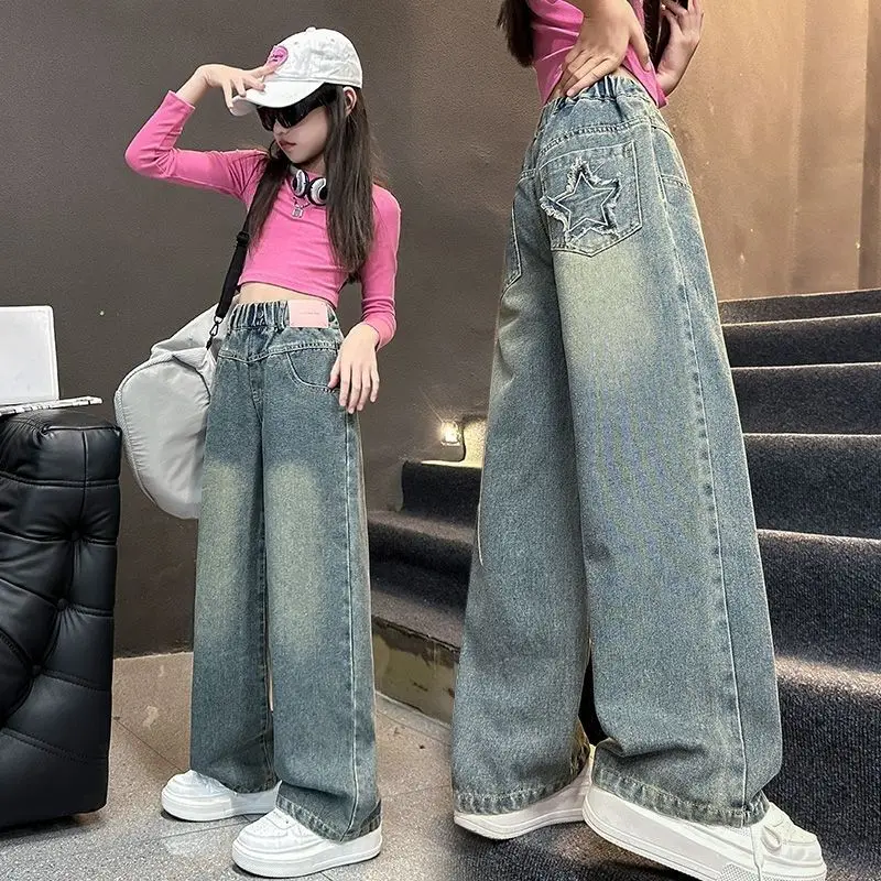 بنطلون جينز واسع الساق للفتيات لفصلي الربيع والخريف، خصر مرتفع، سروال طويل، ملابس أطفال، بنطلون دنيم للأطفال، نمط الزي المدرسي