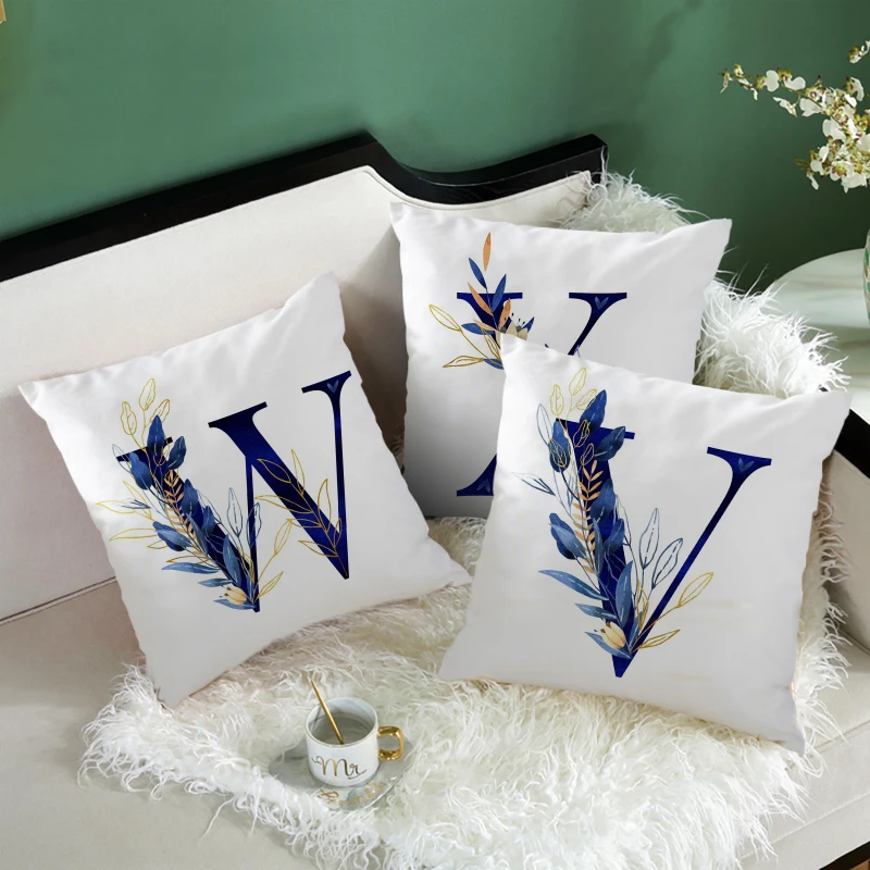 Simple Blue Leaf Alphabet Print Cushion Case 26 Letters Decoration Pillows Case Sofa Chair Livingroom Polyester Throw Pillowcase
