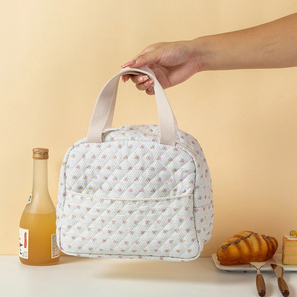 Women Thermal Insulation Lunch Bag Floral Printed Hand-Held Cooler Bag Large Capacity Lunch Box Bag Travel Picnic Camping Bag