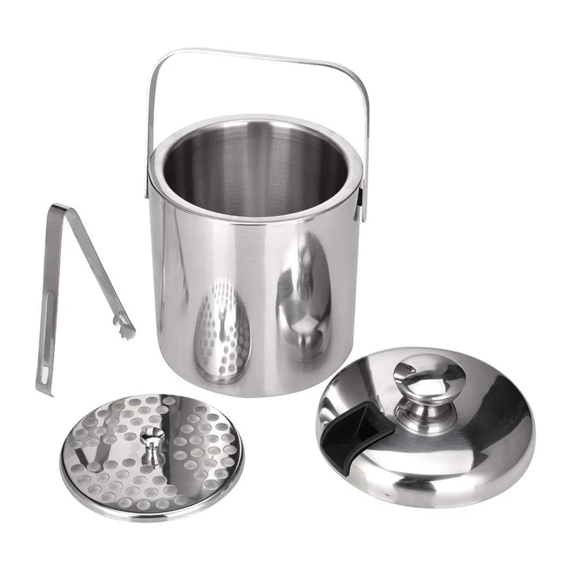 

HOT SALE Stainless Steel Ice Square Container Double Walled 1.3L Ice Bucket Container With Tongs Lid