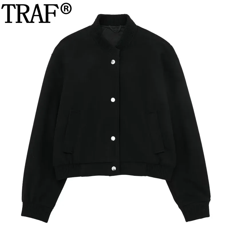 

TRAF Woman Black Jacket Autumn Long Sleeve Cropped Bomber Jackets For Women 2023 Fashion Women's Winter Jackets Soft Short Coats