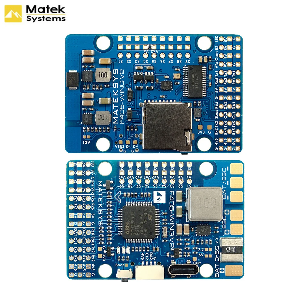 Détail du contrôleur de vol Matek F405-WING-V2, processeur et capteurs visibles.