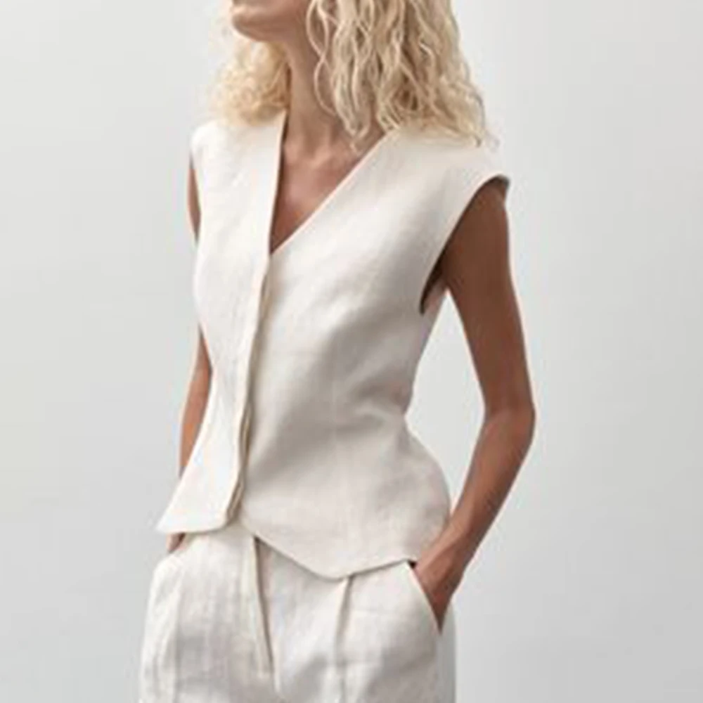 Casual Vests for Women Loose V-Neck Elegant Woman Coat Sleeveless Jacket Summer Linen Clothes Coats Jackets Women's Clothing