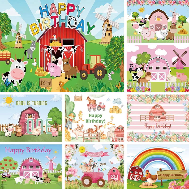 

Cartoon Farm Backdrop Happy Birthday Party Baby Shower Animals Windmill Wooden Fence Grass Photography Studio Background Banner