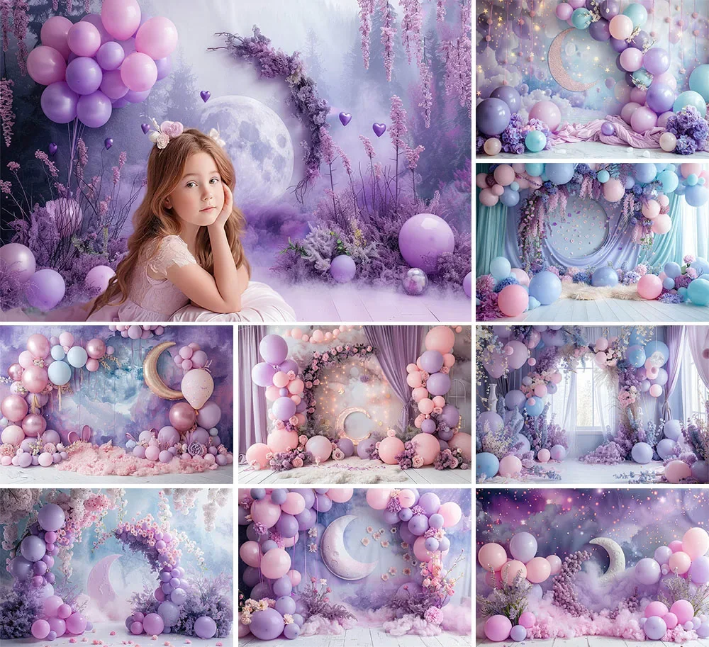 Mehofond Fotografia Sfondo Boho Floral Moon Arch Palloncino Viola Ragazza Torta Di Compleanno Smash Ritratto Decor Sfondo Photo Stud