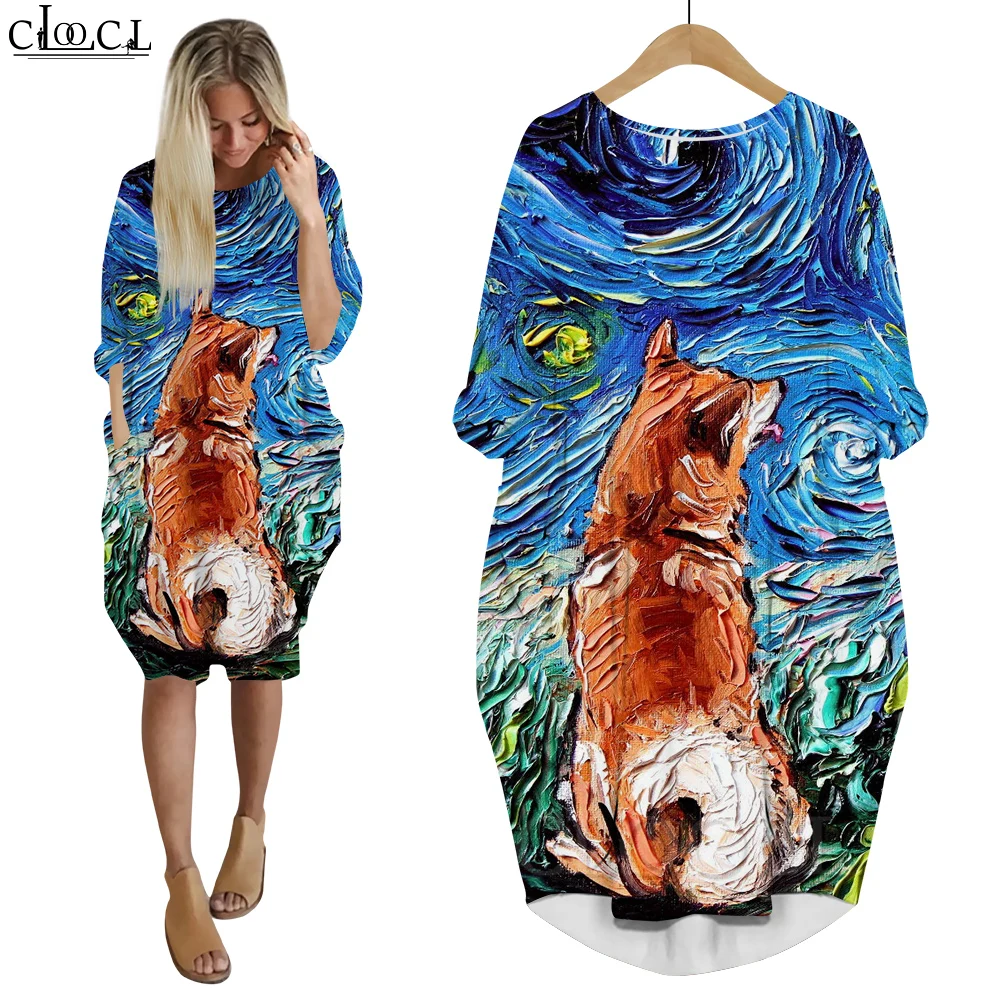 

CLOOCL Van Gogh Dress Shiba Inu Look Up At The Starry Sky Art Painting 3D Printing Dress Long Sleeve Mid Dress Clothes for Women