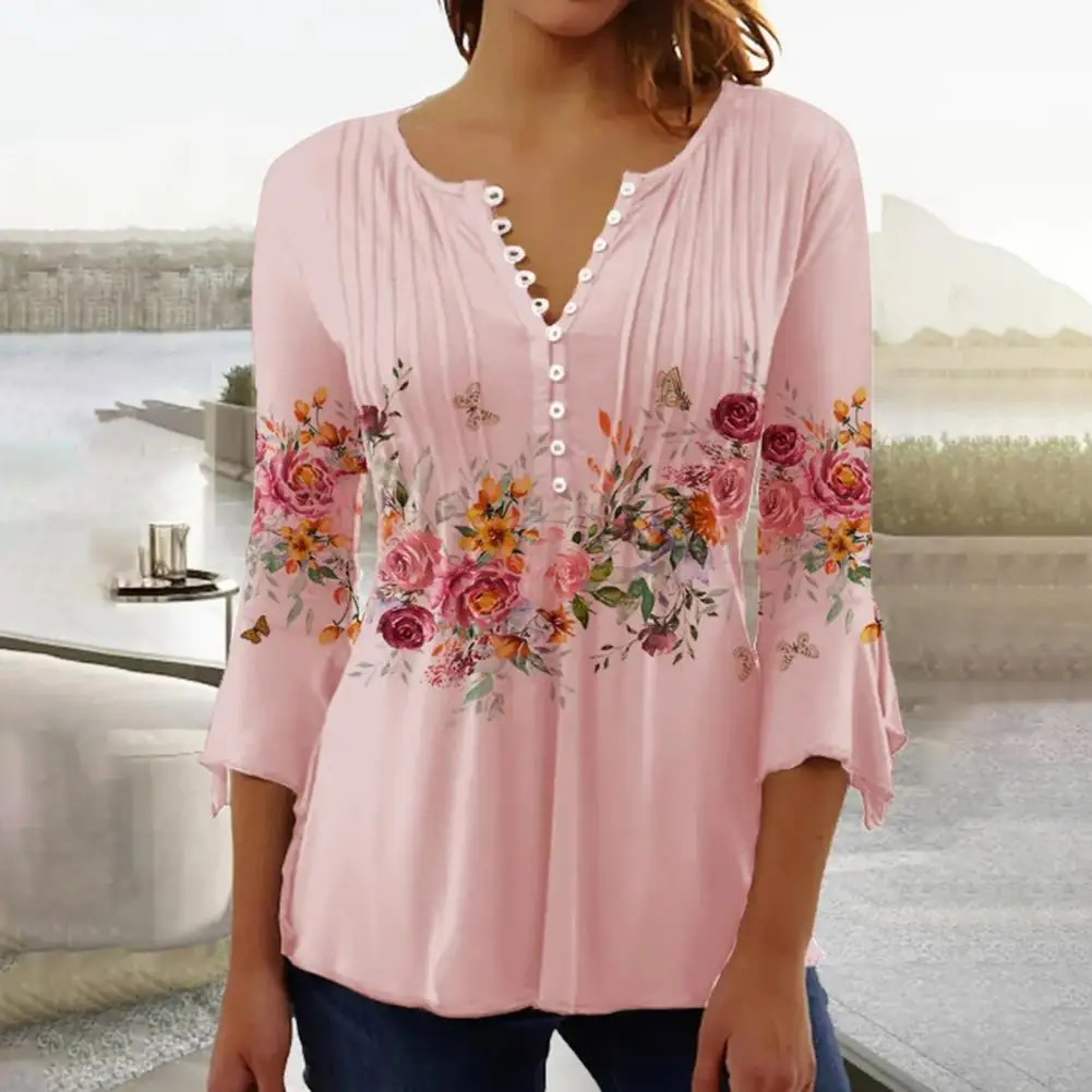 

Women Spring Blouse Flower Print V Neck Half Single-breasted Lady Top Slim Fit 3/4 Sleeves Loose Hem Summer Shirt Women Garment