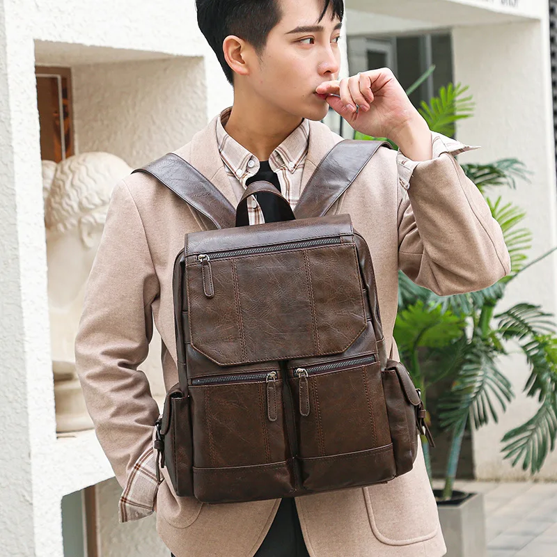 Vintage Large Capacity Men's Backpack Fashion PU Leather Man Travel Backpack Multifunction Laptop Bag High Quality School Bag