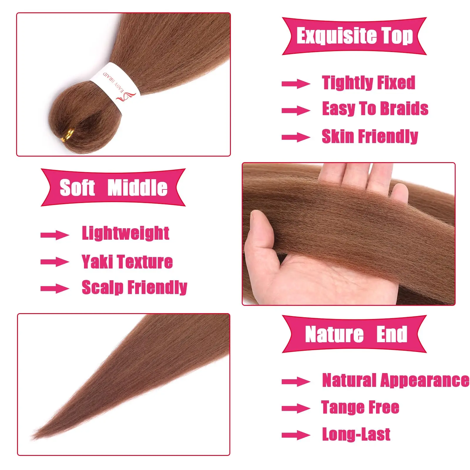 Brown Braiding Hair Pre 3 Packs Pre stretched Braiding Hair Yaki Texture Synthetic Hair Extension Itch Free Hot Water Setting 3