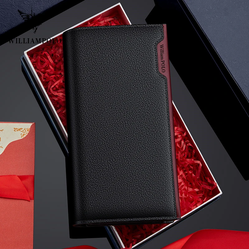 WILLIAMPOLO Men's Wallet Long Style 100% Cow Leather Fashion Business High Quality Clutch Wallet Card Holder Coin Zipper Purse 5
